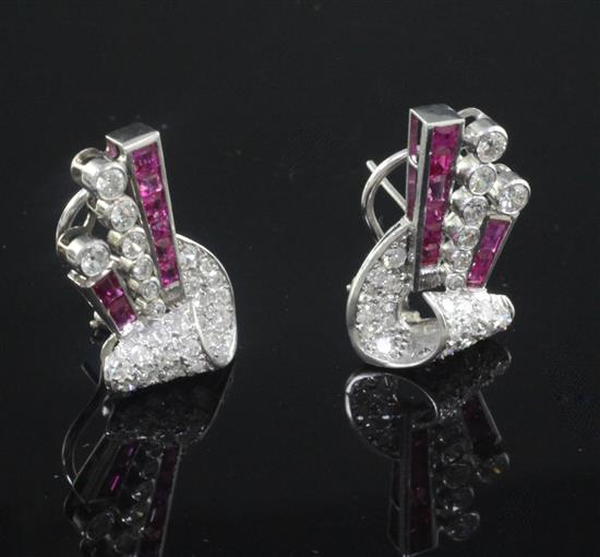 A pair of 1940s platinum and gold, ruby and diamond earrings, 24mm.